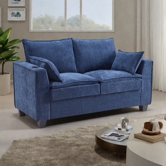 64.9 Chenille 2-Seater Sleeper Sofa with Memory Foam Topper - Solid Wood Slat Bed Frame, 2 Cup Holders