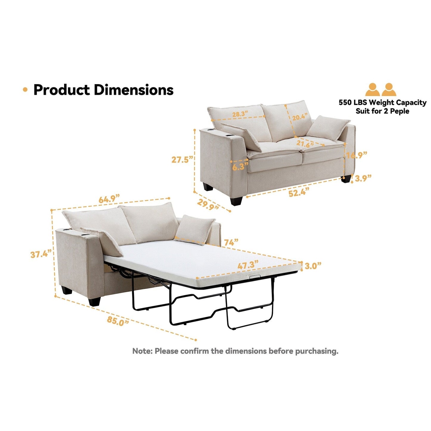 64.9 Chenille 2-Seater Sleeper Sofa with Memory Foam Topper - Solid Wood Slat Bed Frame, 2 Cup Holders