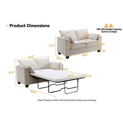 64.9 Chenille 2-Seater Sleeper Sofa with Memory Foam Topper - Solid Wood Slat Bed Frame, 2 Cup Holders