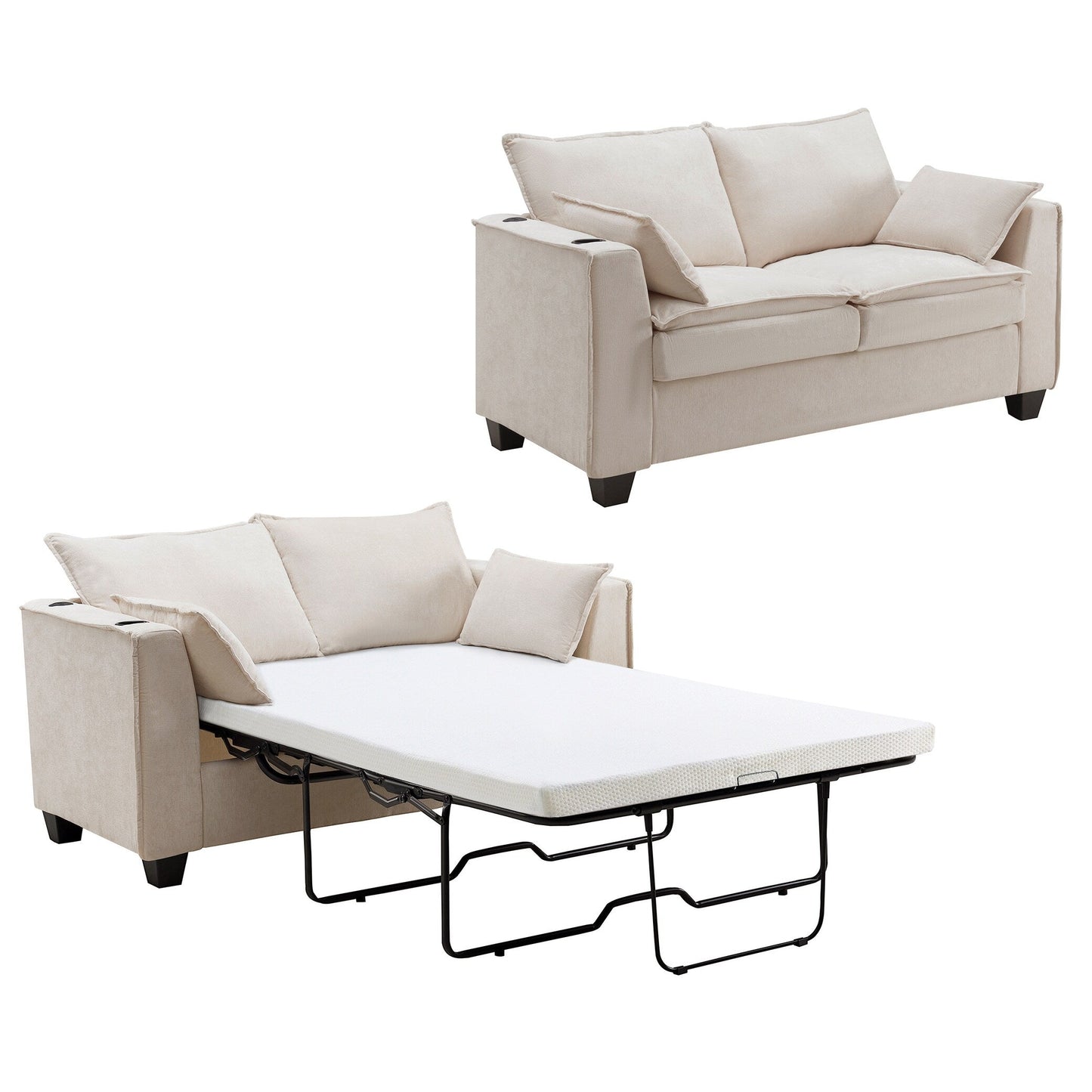 64.9 Chenille 2-Seater Sleeper Sofa with Memory Foam Topper - Solid Wood Slat Bed Frame, 2 Cup Holders