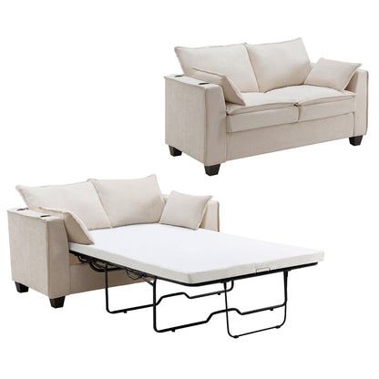 64.9 Chenille 2-Seater Sleeper Sofa with Memory Foam Topper - Solid Wood Slat Bed Frame, 2 Cup Holders