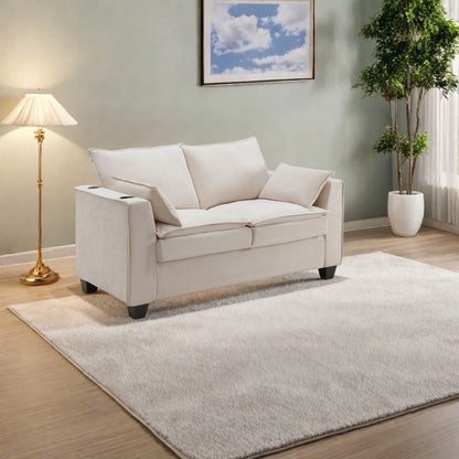 64.9 Chenille 2-Seater Sleeper Sofa with Memory Foam Topper - Solid Wood Slat Bed Frame, 2 Cup Holders