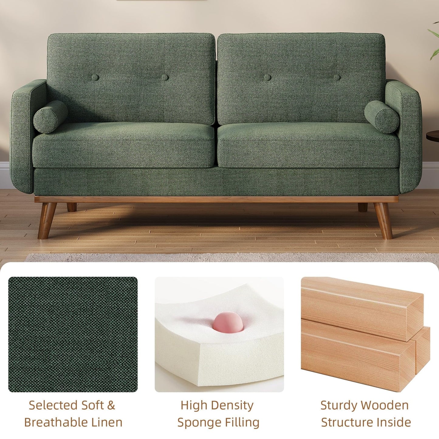 64 Loveseat Sofa, Mid Century Modern Couch Comfy Love Seat Couches for Living Room