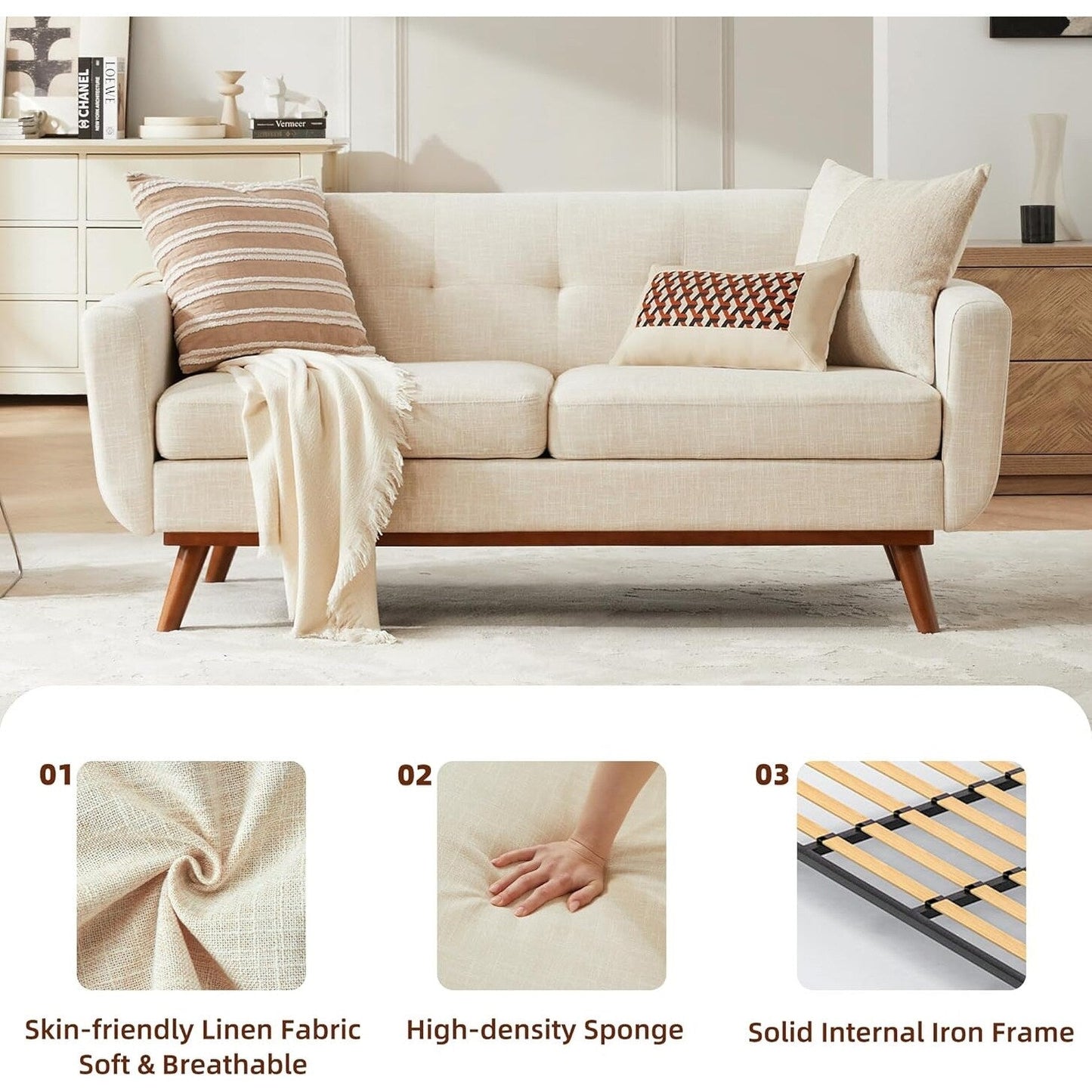 65.2 Mid Century Loveseat - Tufted Small Sofa for Living Room & Bedroom, Easy Assembly (Beige)