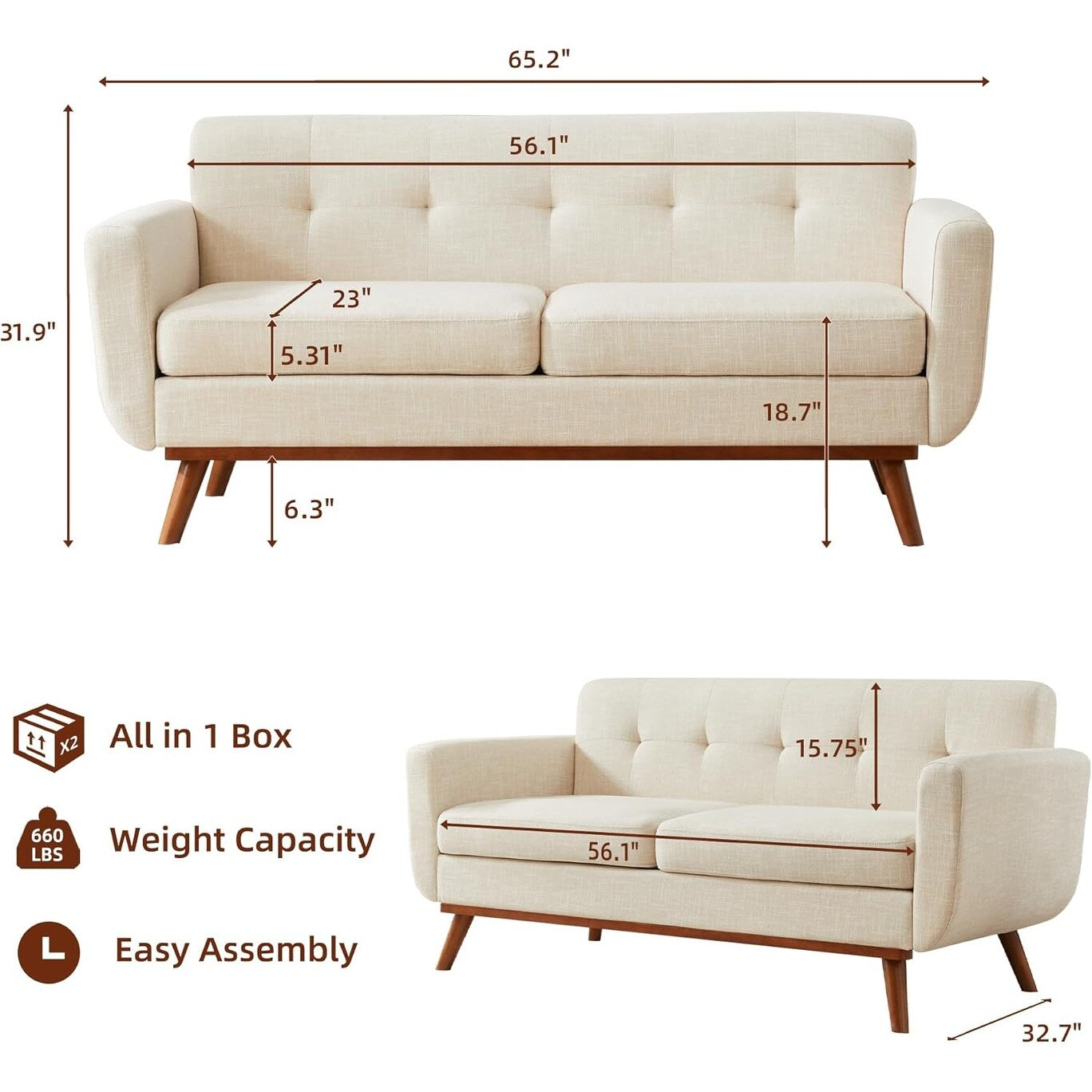 65.2 Mid Century Loveseat - Tufted Small Sofa for Living Room & Bedroom, Easy Assembly (Beige)
