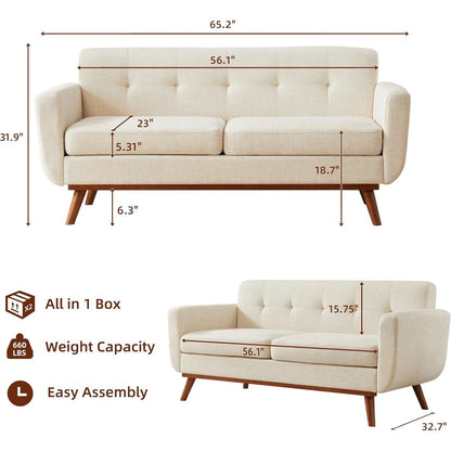 65.2 Mid Century Loveseat - Tufted Small Sofa for Living Room & Bedroom, Easy Assembly (Beige)