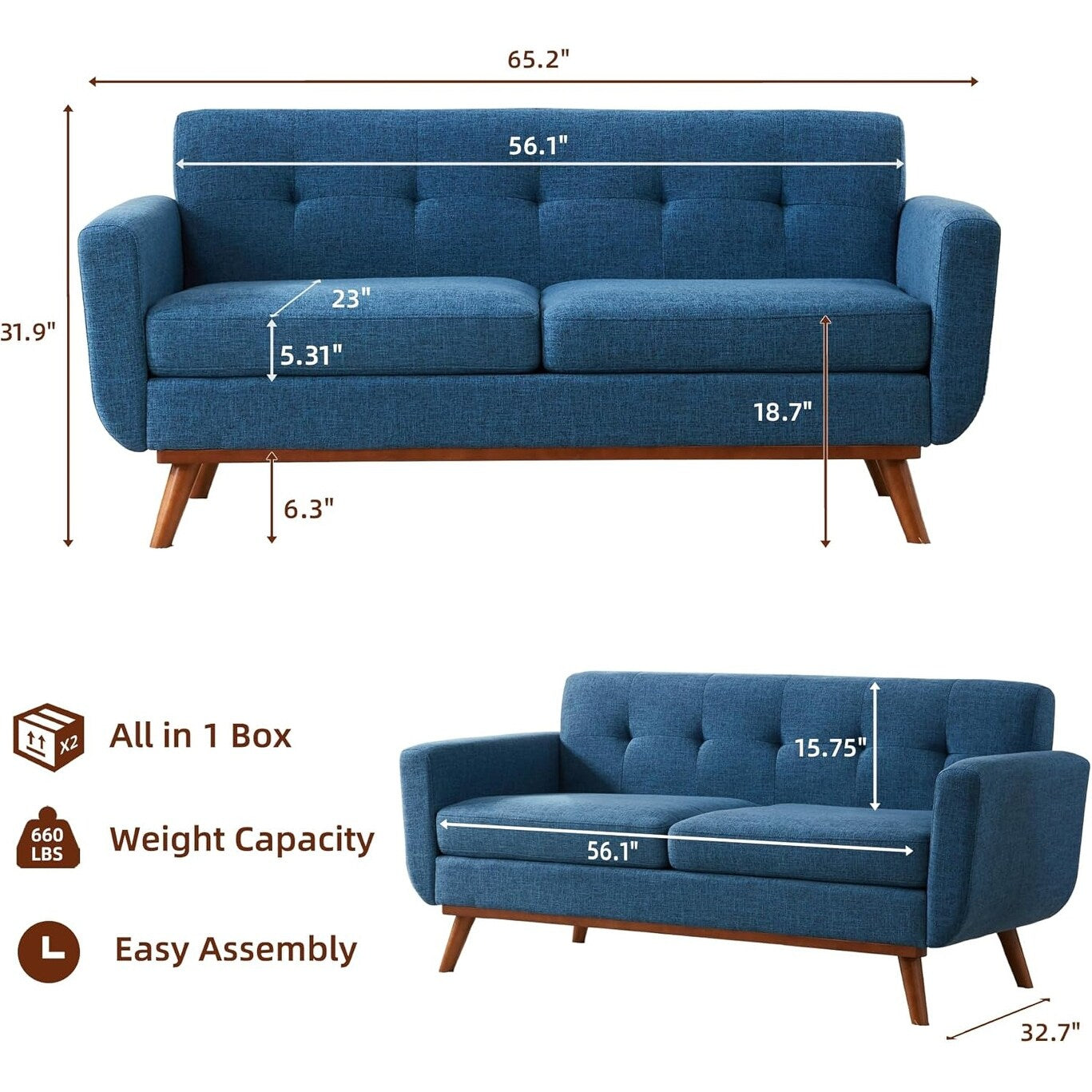 65.2 Mid Century Loveseat - Tufted Small Sofa for Living Room & Bedroom, Easy Assembly (Beige)