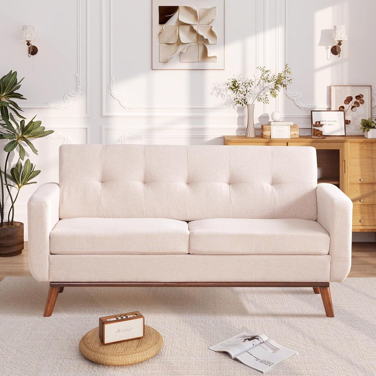 65.2 Mid Century Loveseat - Tufted Small Sofa for Living Room & Bedroom, Easy Assembly (Beige)