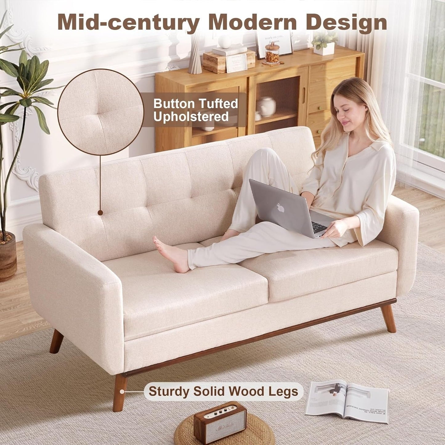65.2 Mid Century Loveseat - Tufted Small Sofa for Living Room & Bedroom, Easy Assembly (Beige)