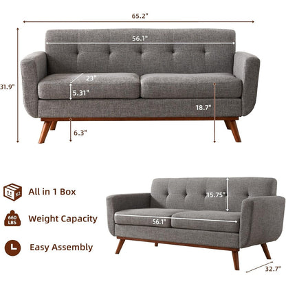 65.2 Mid Century Loveseat - Tufted Small Sofa for Living Room & Bedroom, Easy Assembly (Beige)
