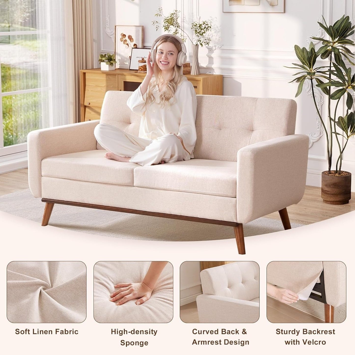 65.2 Mid Century Loveseat - Tufted Small Sofa for Living Room & Bedroom, Easy Assembly (Beige)