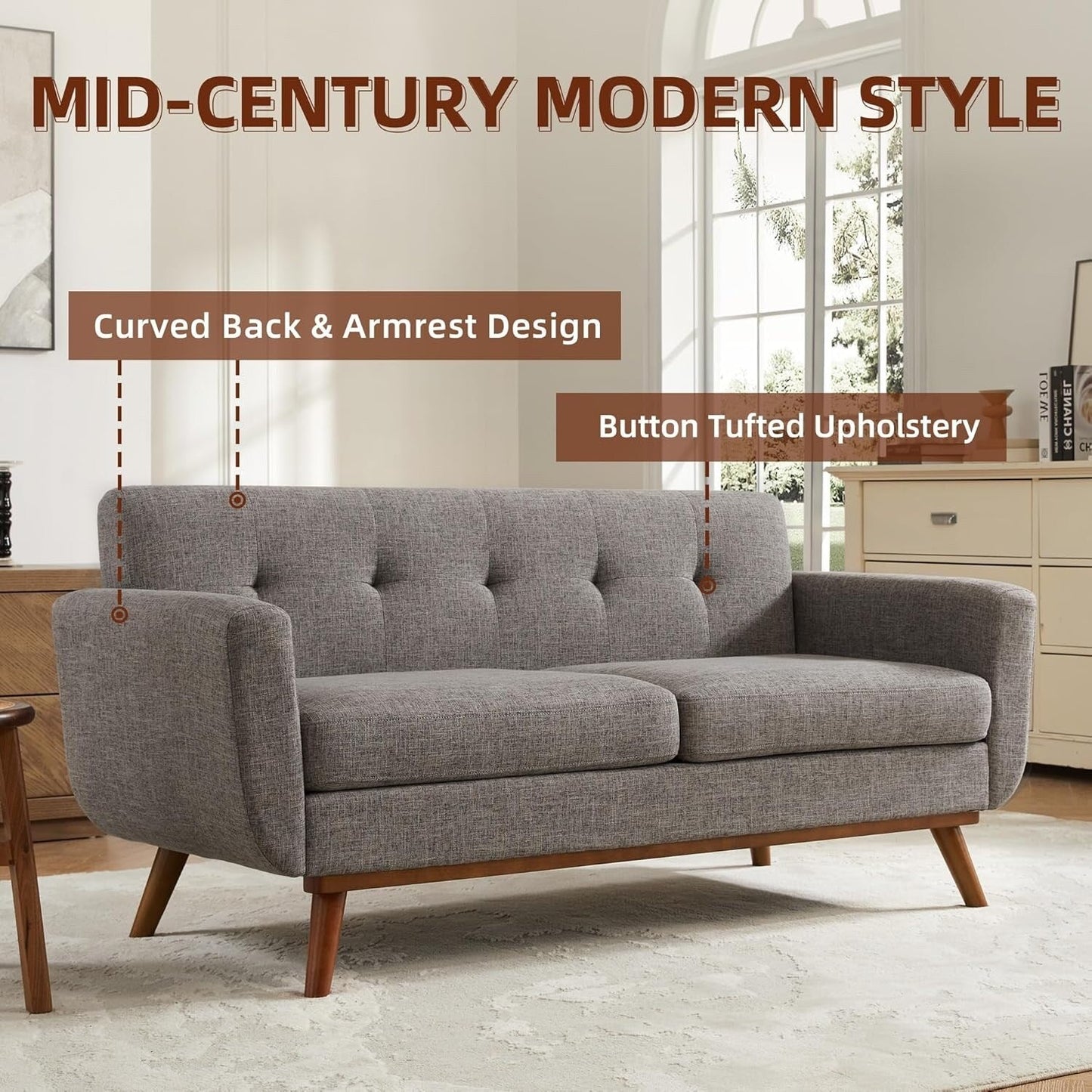 65.2 Mid Century Loveseat - Tufted Small Sofa for Living Room & Bedroom, Easy Assembly (Beige)