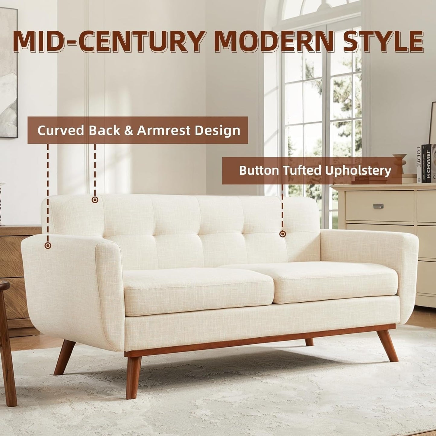 65.2 Mid Century Loveseat - Tufted Small Sofa for Living Room & Bedroom, Easy Assembly (Beige)
