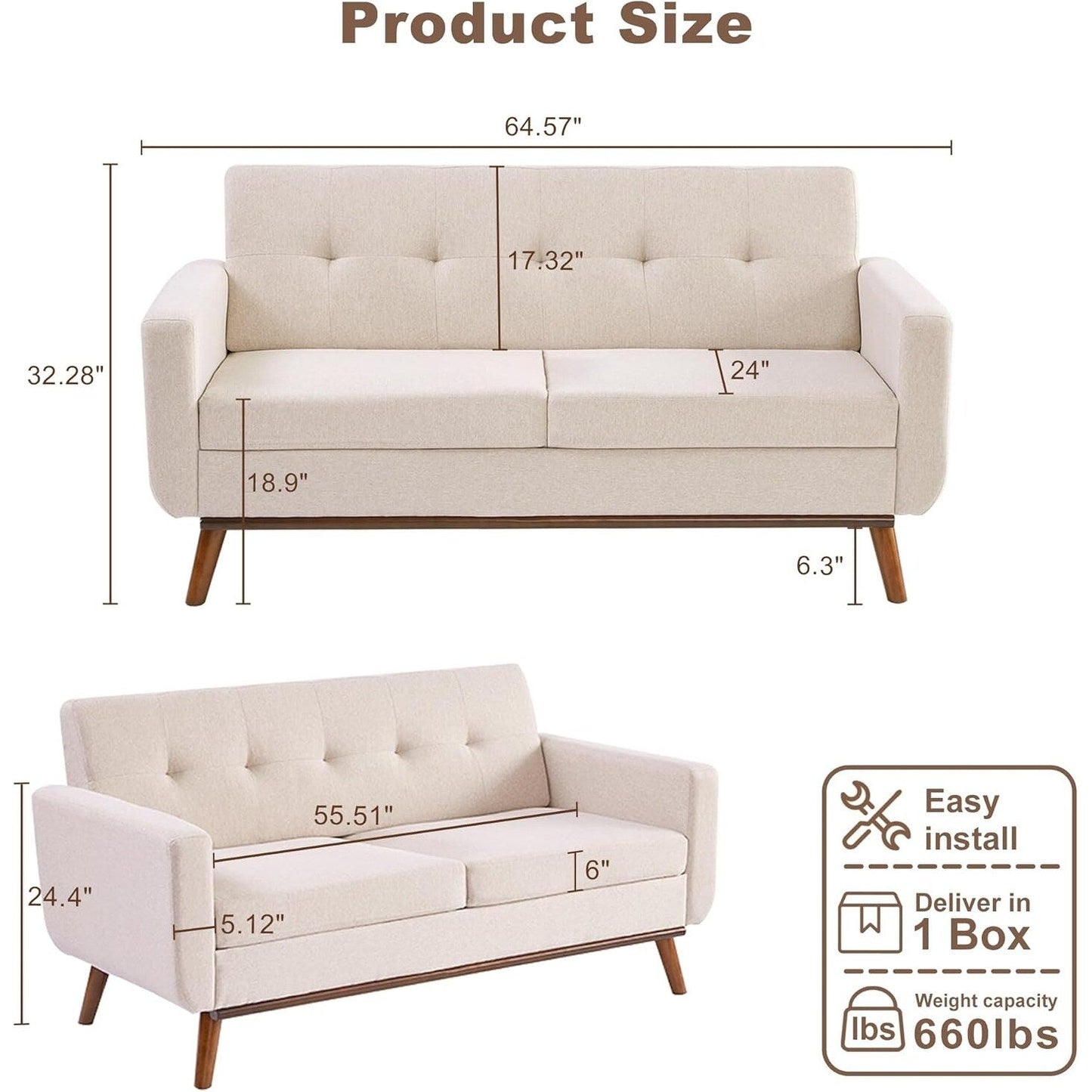 65.2 Mid Century Loveseat - Tufted Small Sofa for Living Room & Bedroom, Easy Assembly (Beige)