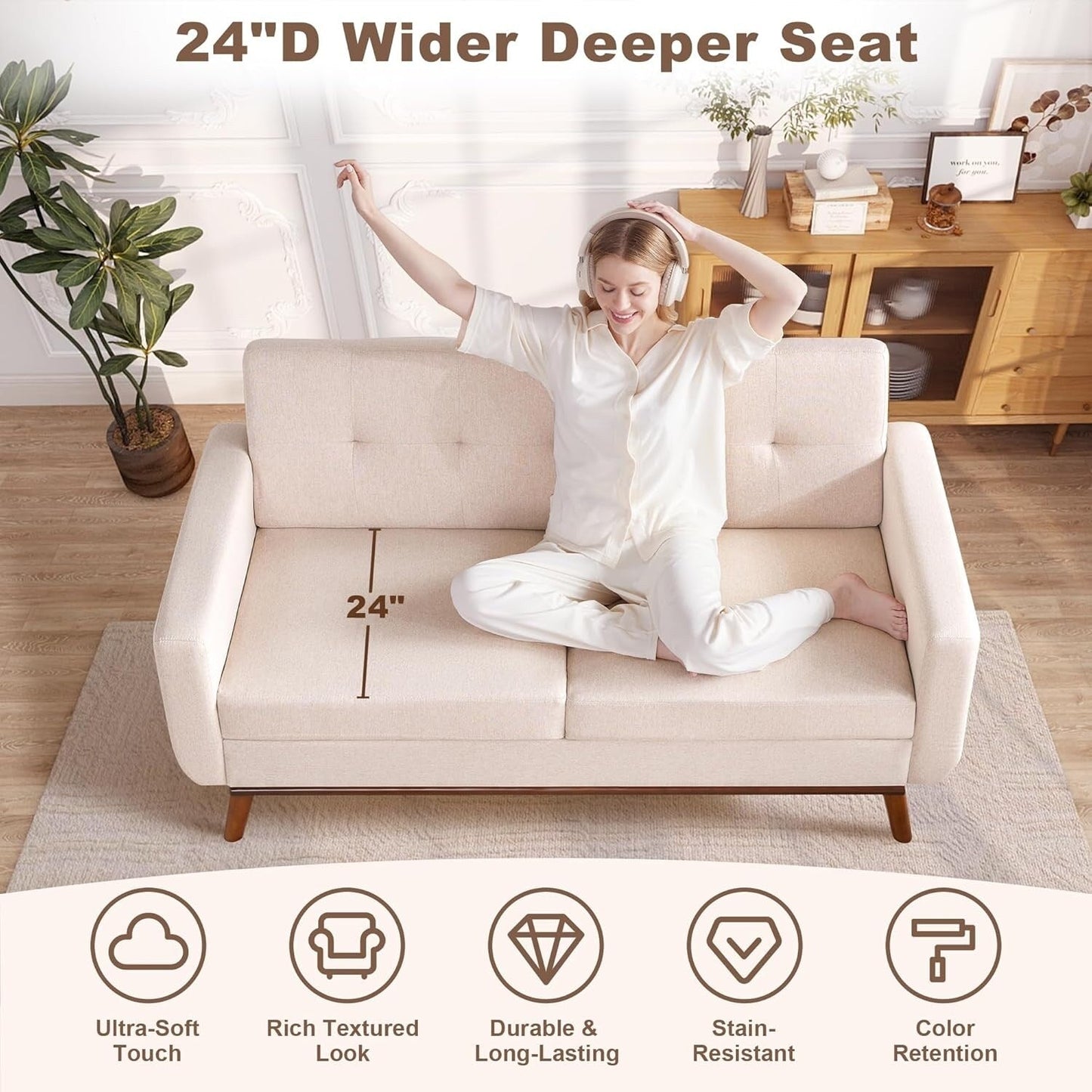 65.2 Mid Century Loveseat - Tufted Small Sofa for Living Room & Bedroom, Easy Assembly (Beige)