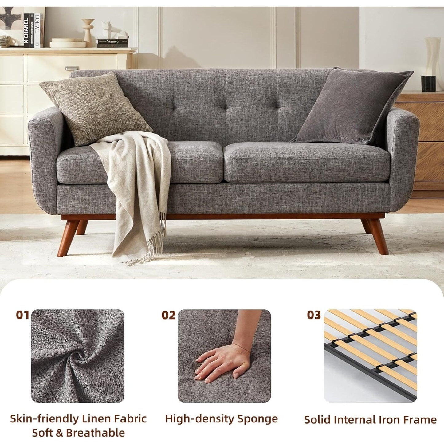 65.2 Mid Century Loveseat - Tufted Small Sofa for Living Room & Bedroom, Easy Assembly (Beige)