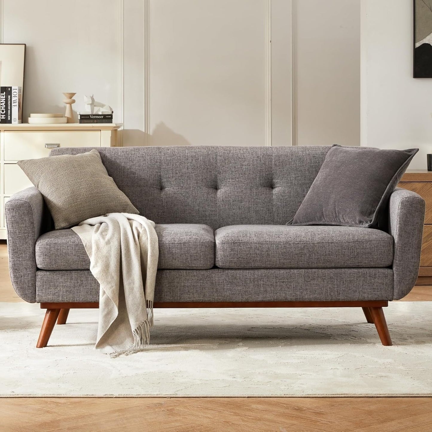 65.2 Mid Century Loveseat - Tufted Small Sofa for Living Room & Bedroom, Easy Assembly (Beige)