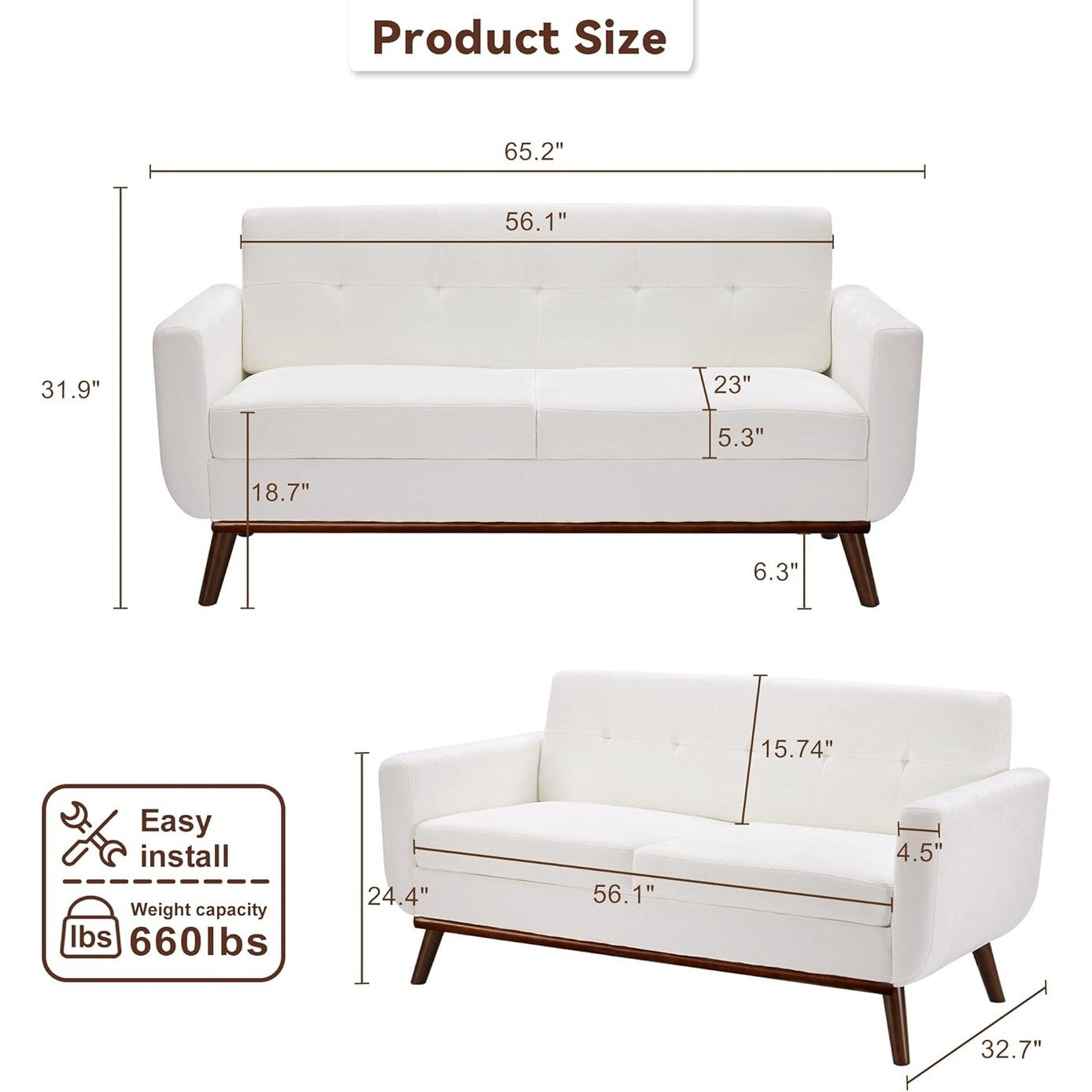 65.2 Mid Century Loveseat - Tufted Small Sofa for Living Room & Bedroom, Easy Assembly (Beige)