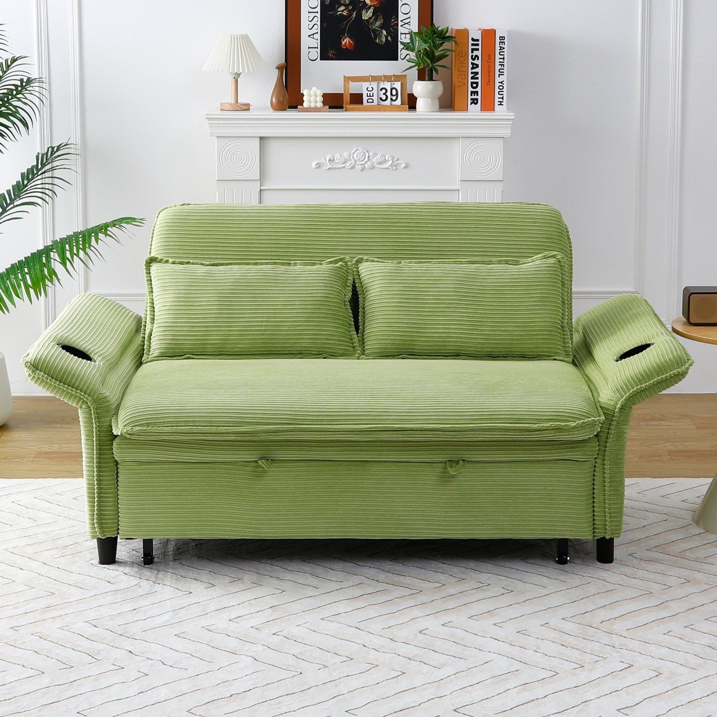 65.74-inch pink letter striped fabric multi-functional sofa bed,armrests and backrests are adjustable