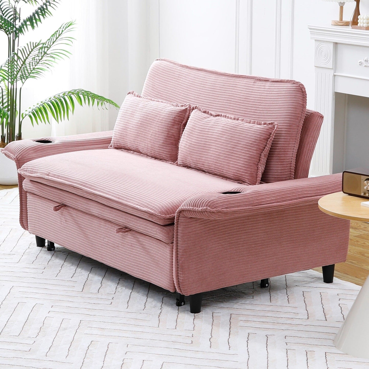 65.74-inch pink letter striped fabric multi-functional sofa bed,armrests and backrests are adjustable