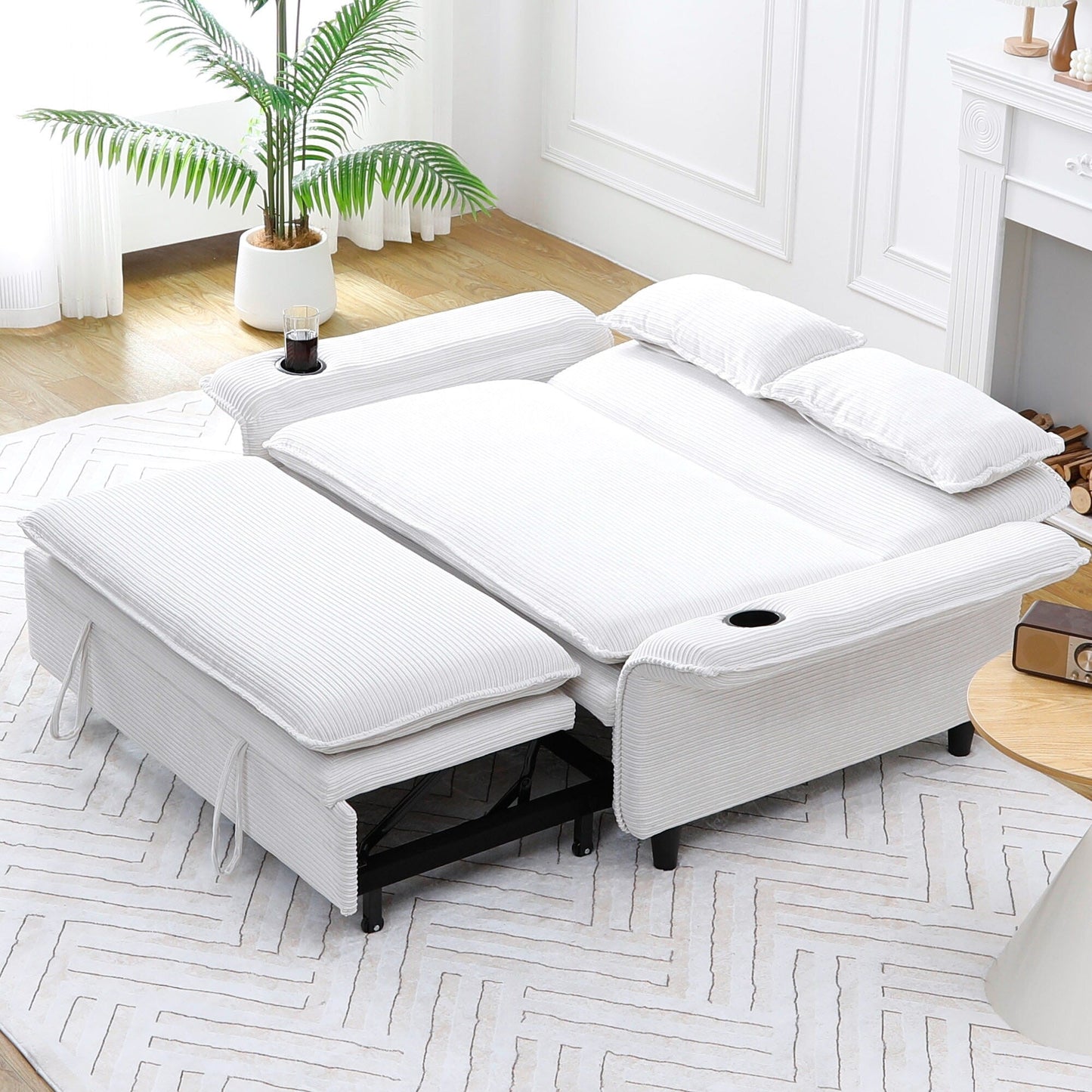 65.74-inch pink letter striped fabric multi-functional sofa bed,armrests and backrests are adjustable