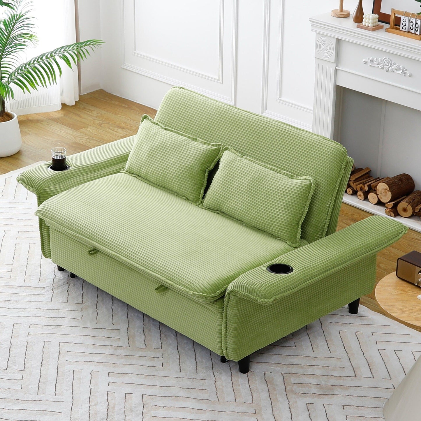 65.74-inch pink letter striped fabric multi-functional sofa bed,armrests and backrests are adjustable