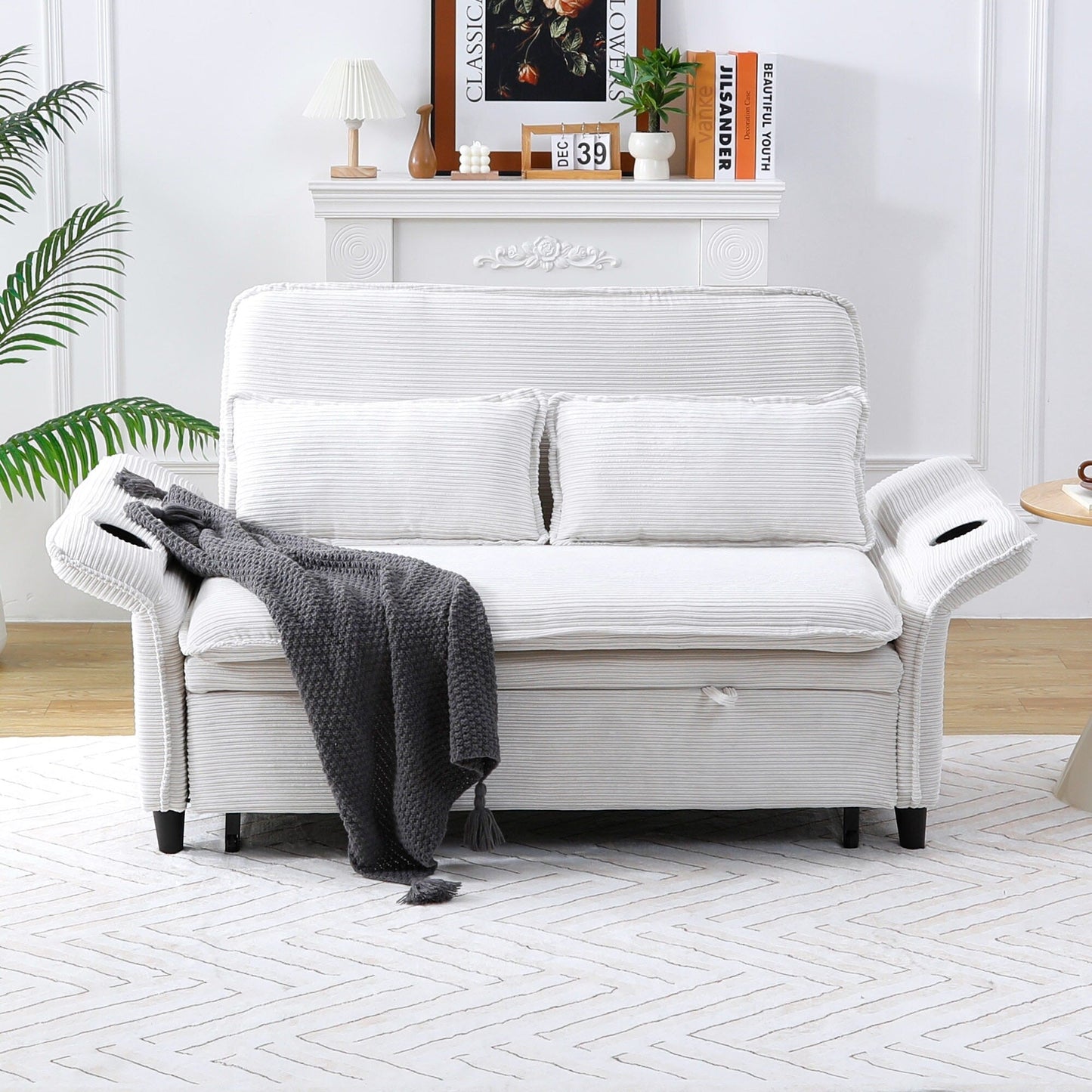65.74-inch pink letter striped fabric multi-functional sofa bed,armrests and backrests are adjustable