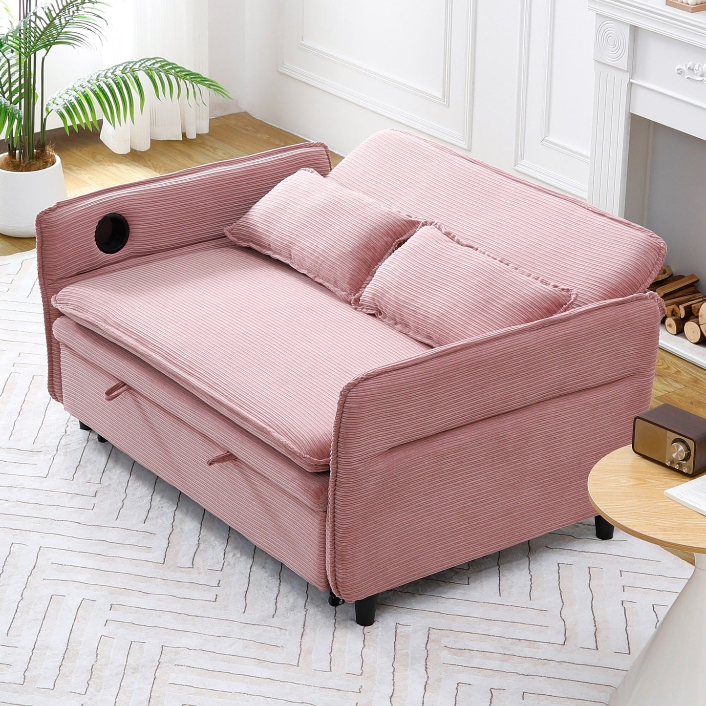 65.74-inch pink letter striped fabric multi-functional sofa bed,armrests and backrests are adjustable