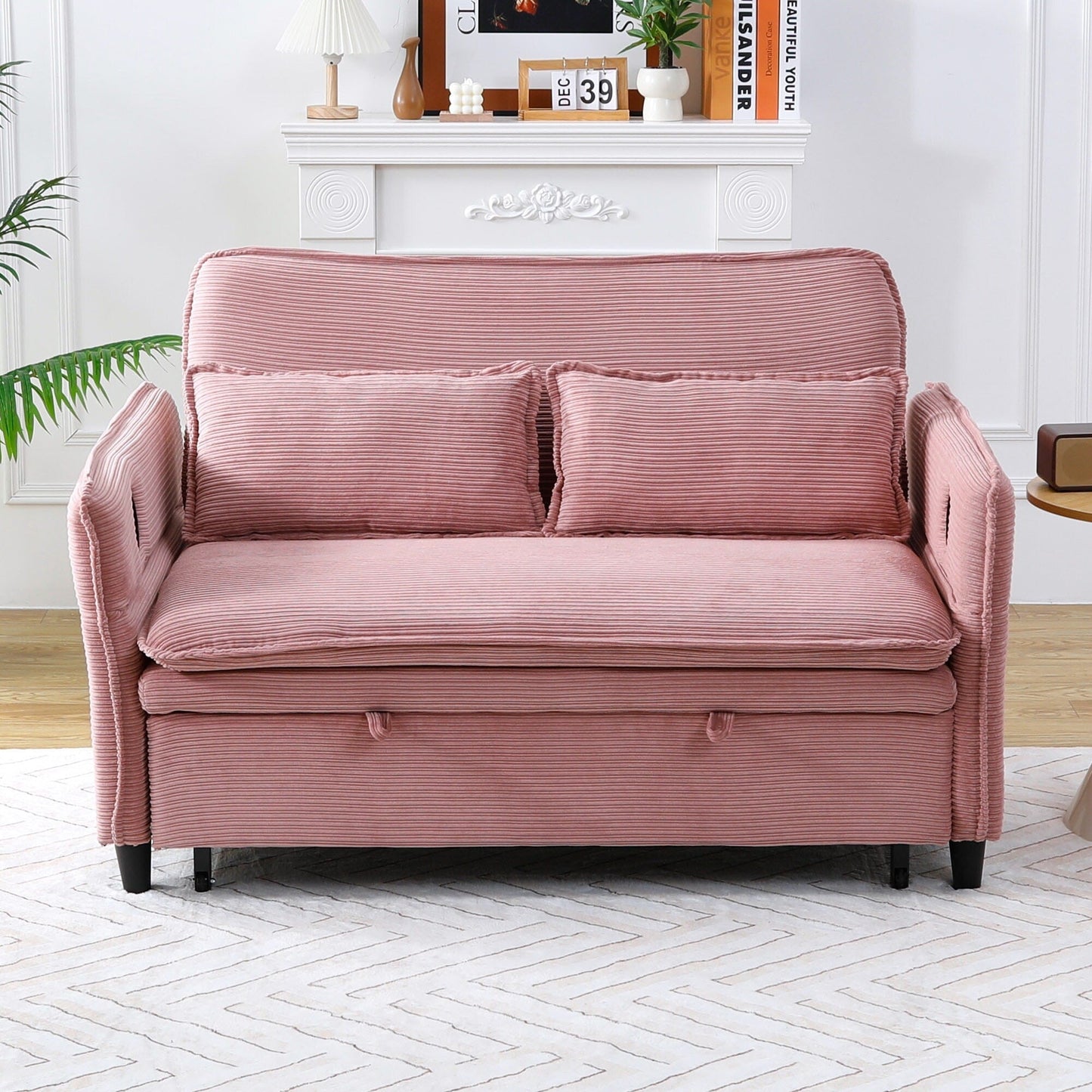65.74-inch pink letter striped fabric multi-functional sofa bed,armrests and backrests are adjustable