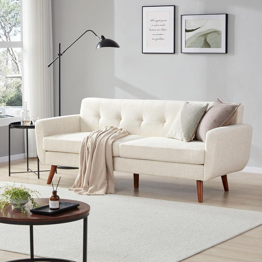 65 Mid Century Loveseat Sofa - Button Tufted Upholstered Small Couch for Living Room & Bedroom, Easy Assembly, Beige