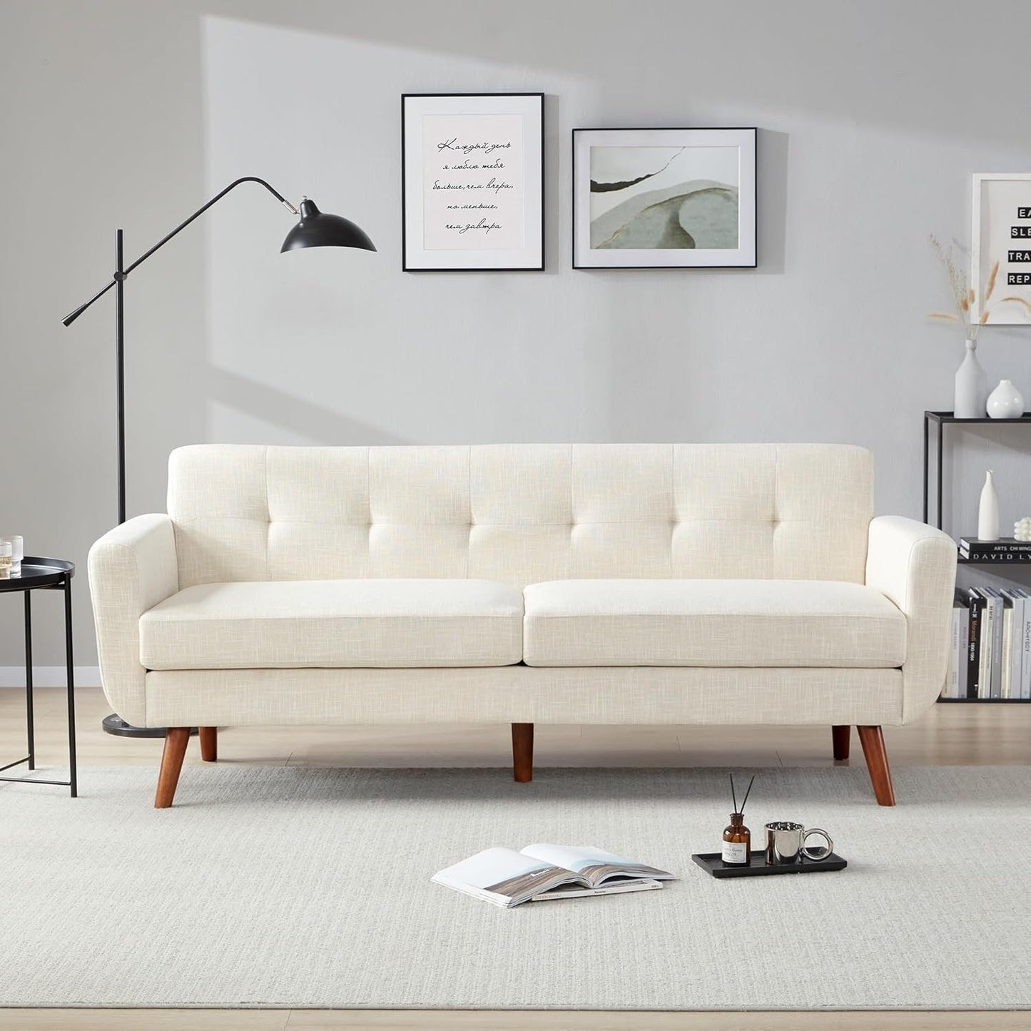 65 Mid Century Loveseat Sofa - Button Tufted Upholstered Small Couch for Living Room & Bedroom, Easy Assembly, Beige