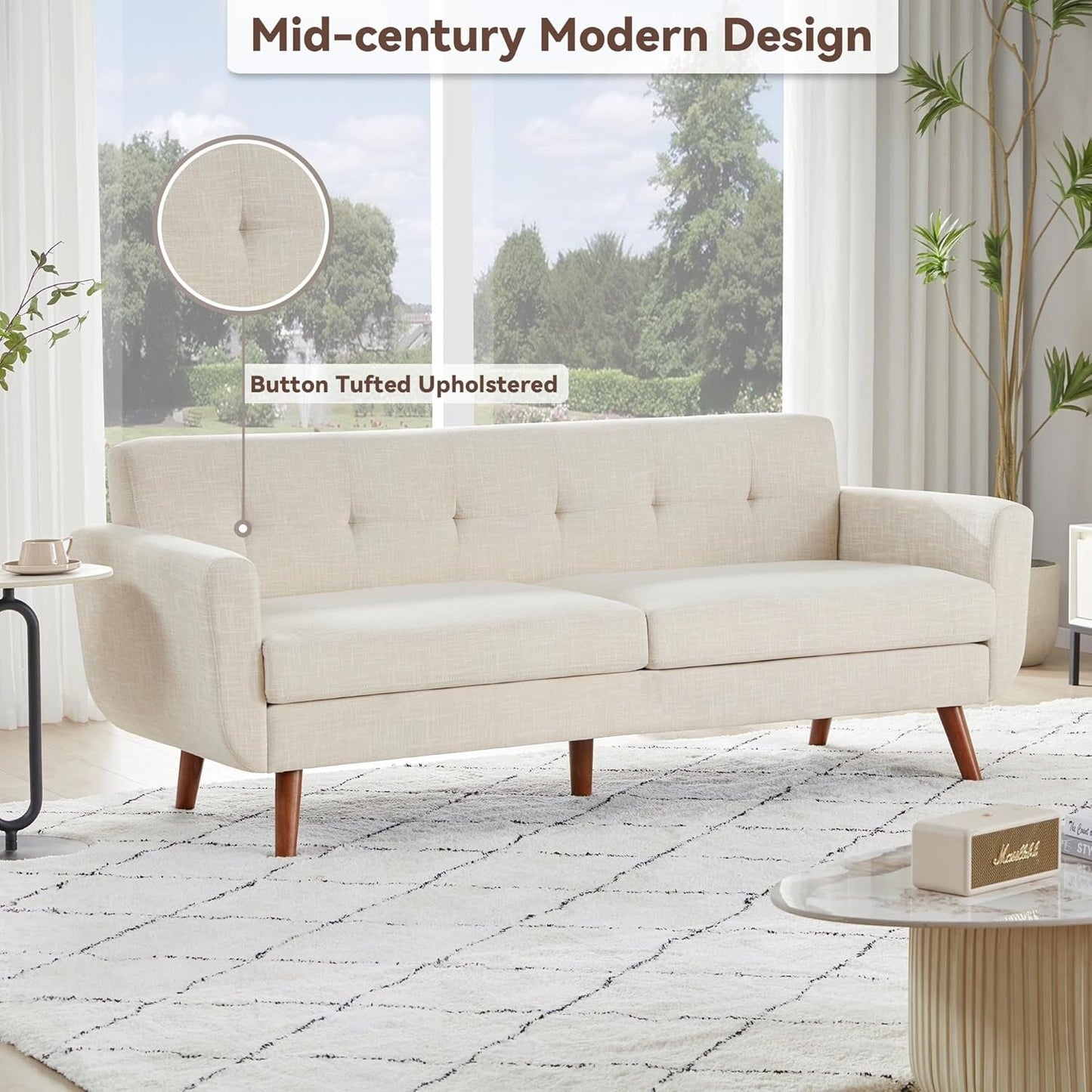 65 Mid Century Loveseat Sofa - Button Tufted Upholstered Small Couch for Living Room & Bedroom, Easy Assembly, Beige