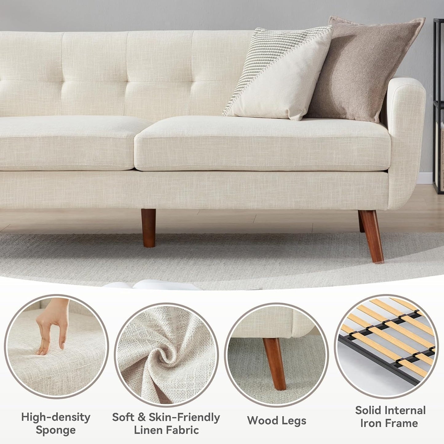 65 Mid Century Loveseat Sofa - Button Tufted Upholstered Small Couch for Living Room & Bedroom, Easy Assembly, Beige