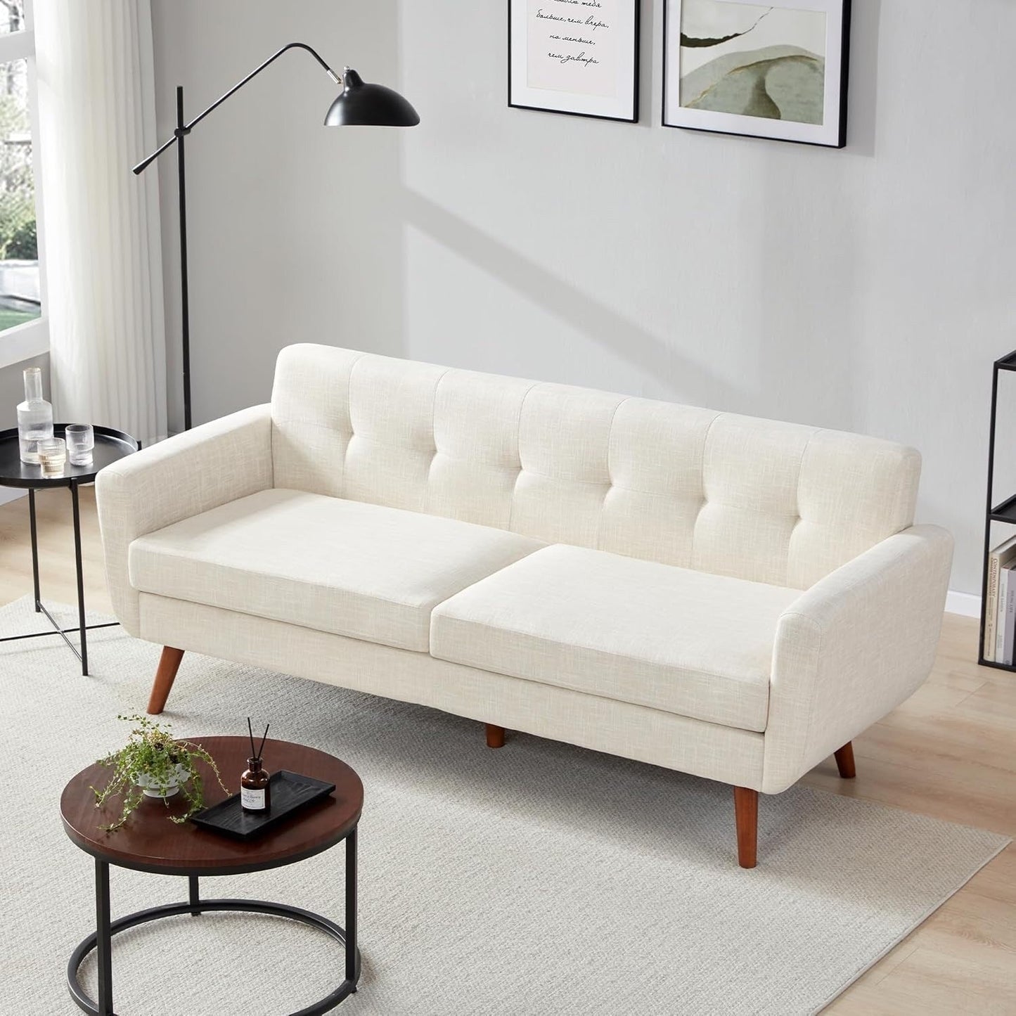 65 Mid Century Loveseat Sofa - Button Tufted Upholstered Small Couch for Living Room & Bedroom, Easy Assembly, Beige