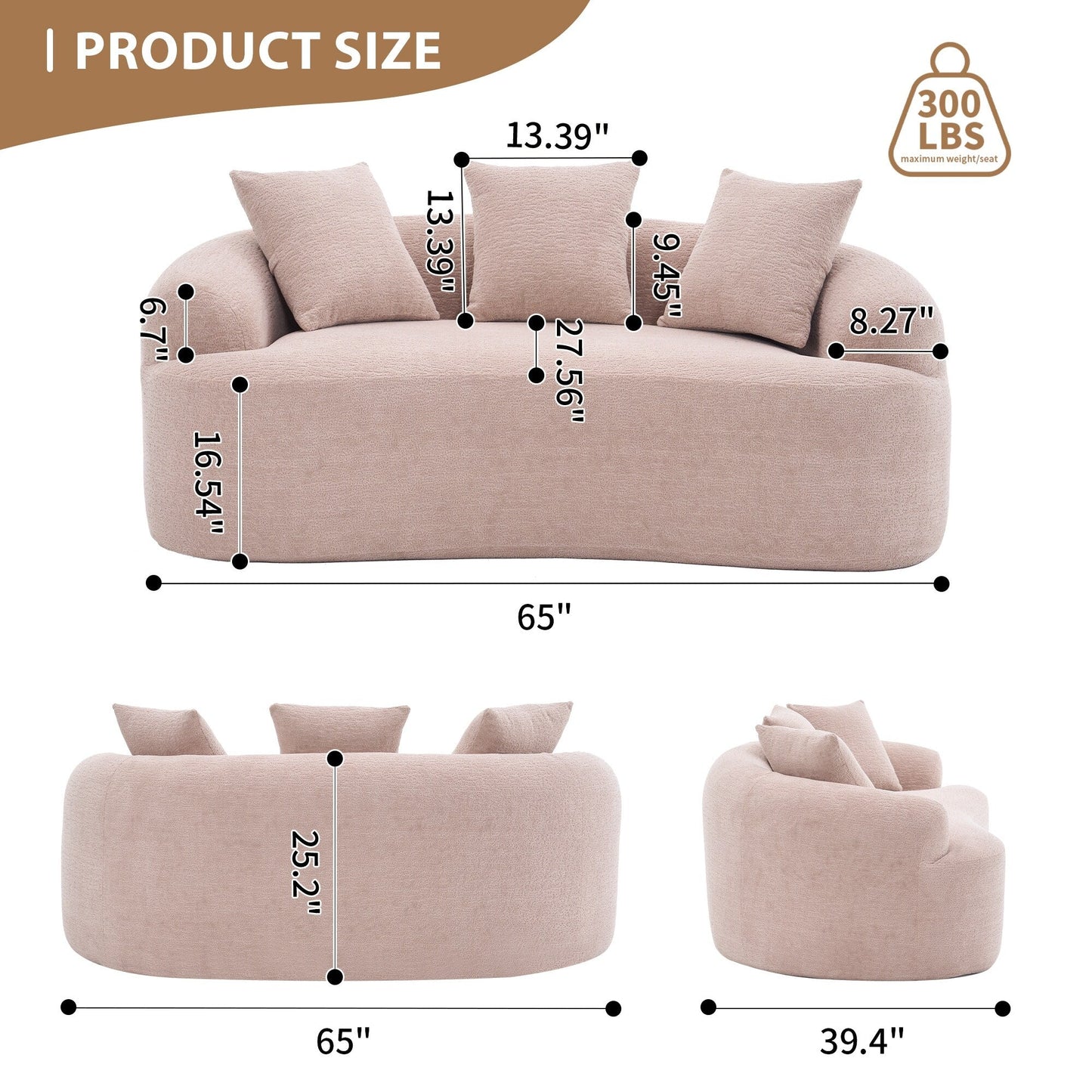 65Chenille 2-Seater Sofa with Easy Assembly, Medium Firm Cushion, and 300 lbs Weight Capacity