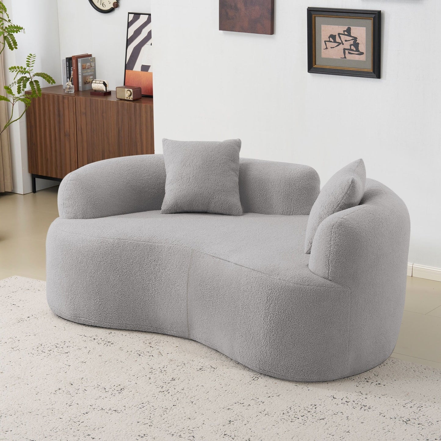 66.93 Inch Curved Loveseat Grey Full Compression Sponge Sofa, Teddy Velvet Fabric, No-Assembly Compact Sofa