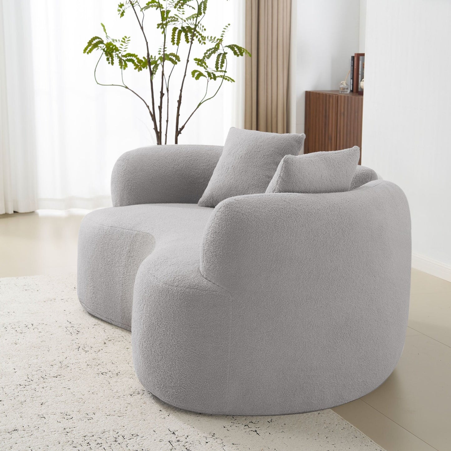 66.93 Inch Curved Loveseat Grey Full Compression Sponge Sofa, Teddy Velvet Fabric, No-Assembly Compact Sofa