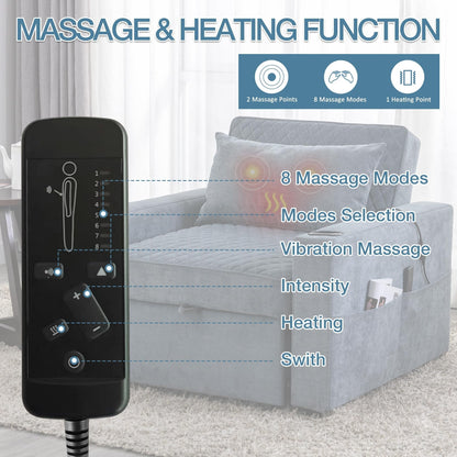 66.93Metal 2-Seater Sleeper Sofa Massage and Heat Pillow and Hidden Storage and Cup Holders
