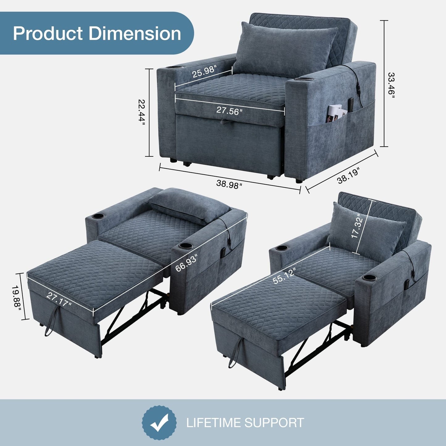 66.93Metal 2-Seater Sleeper Sofa Massage and Heat Pillow and Hidden Storage and Cup Holders