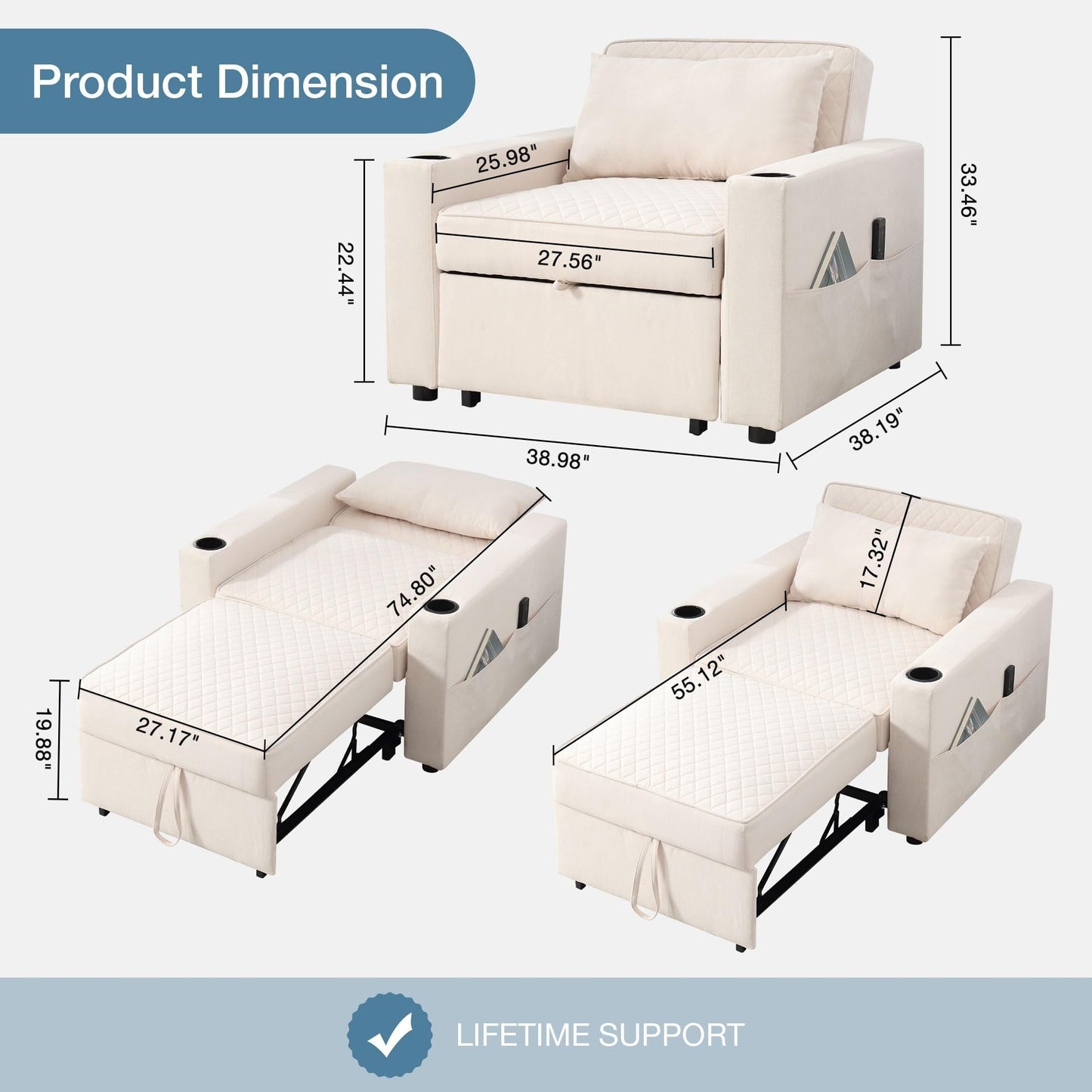 66.93Metal 2-Seater Sleeper Sofa Massage and Heat Pillow and Hidden Storage and Cup Holders