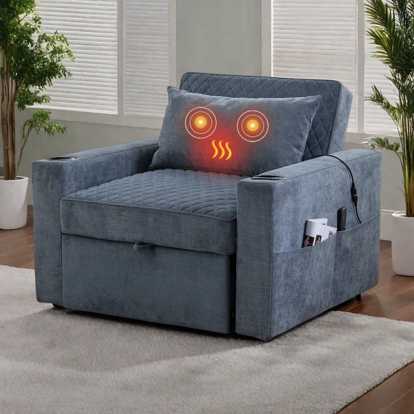 66.93Metal 2-Seater Sleeper Sofa Massage and Heat Pillow and Hidden Storage and Cup Holders