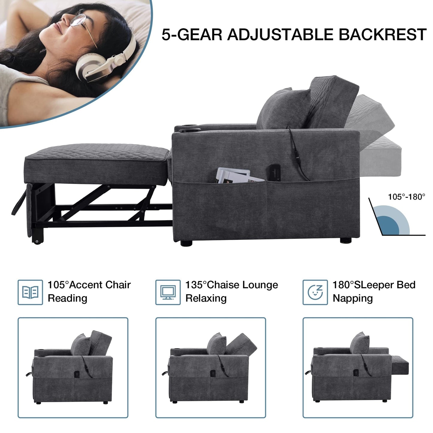 66.93Metal 2-Seater Sleeper Sofa Massage and Heat Pillow and Hidden Storage and Cup Holders