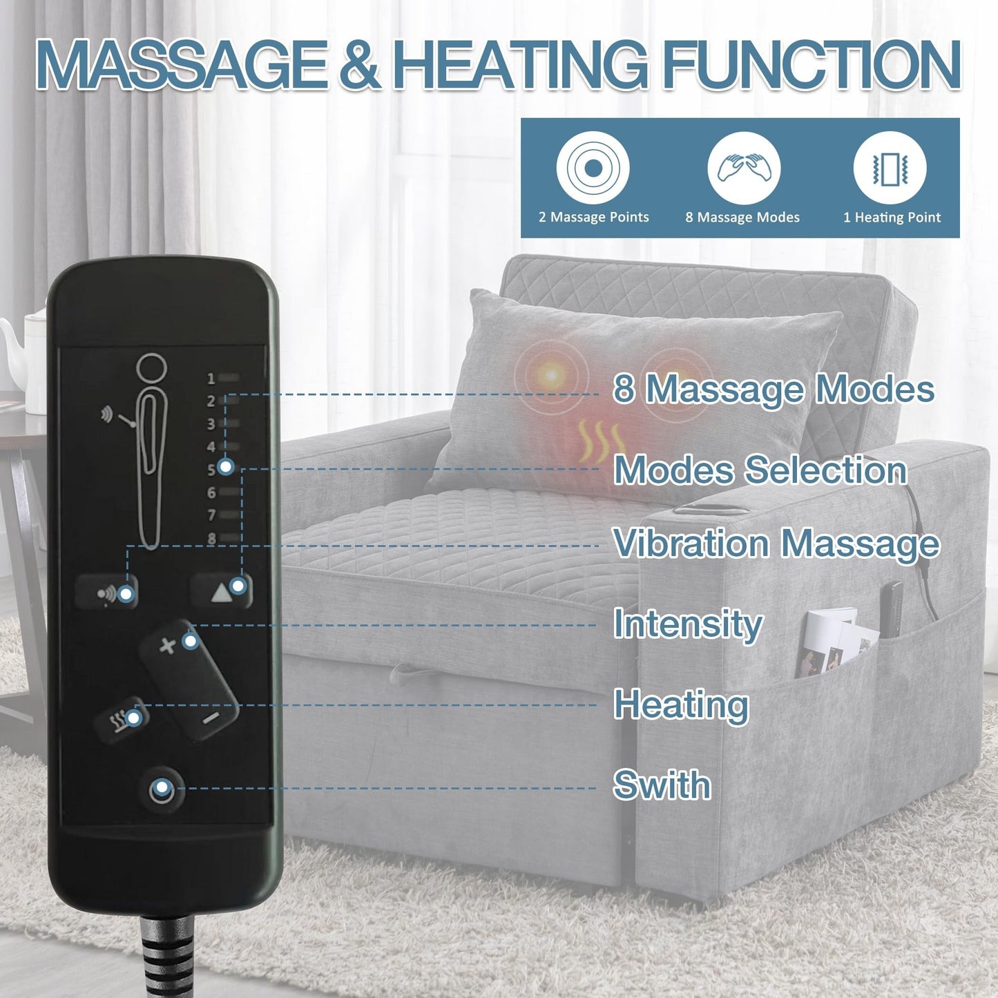 66.93Metal 2-Seater Sleeper Sofa Massage and Heat Pillow and Hidden Storage and Cup Holders