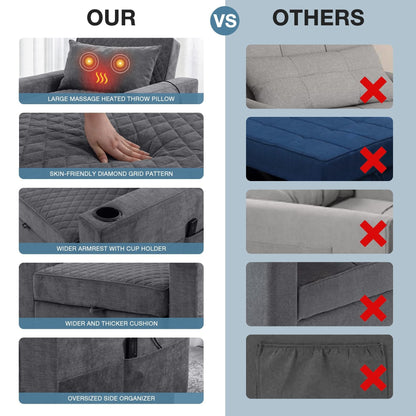 66.93Metal 2-Seater Sleeper Sofa Massage and Heat Pillow and Hidden Storage and Cup Holders