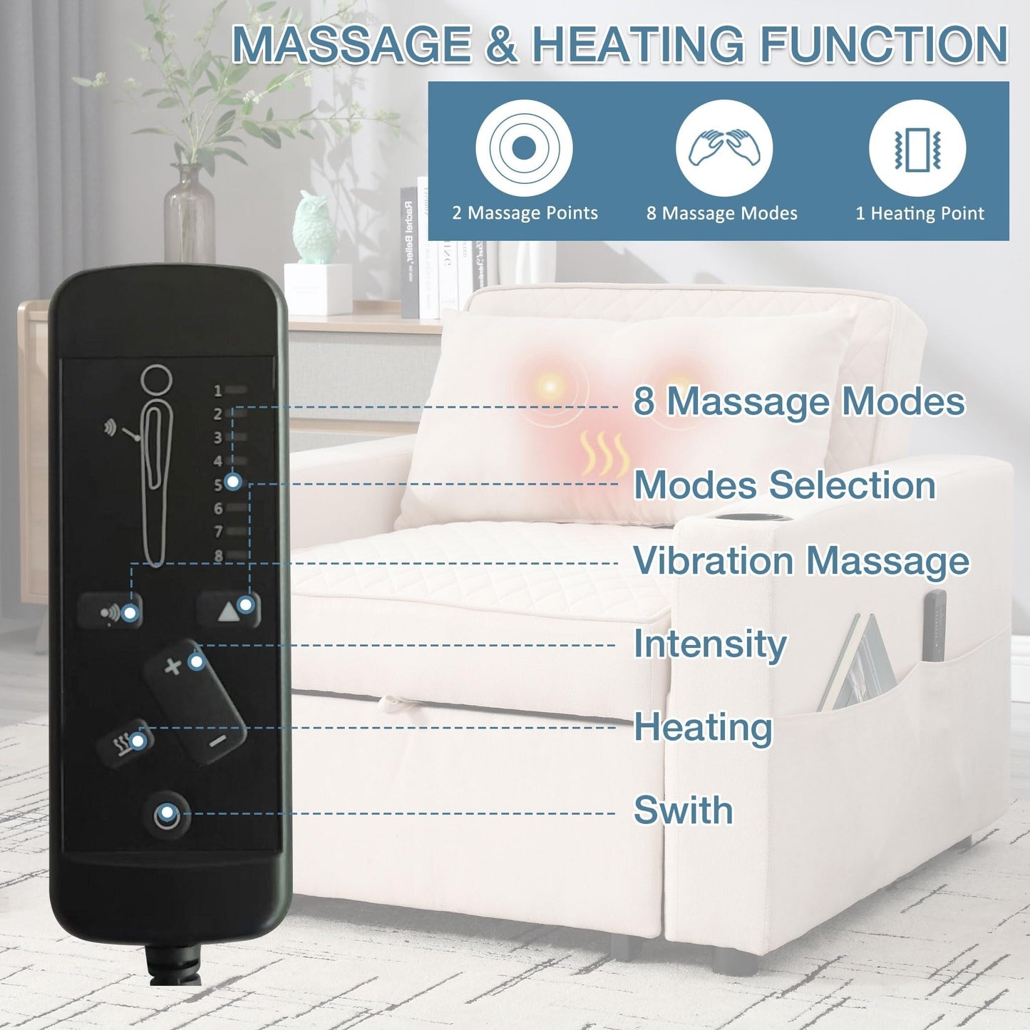 66.93Metal 2-Seater Sleeper Sofa Massage and Heat Pillow and Hidden Storage and Cup Holders