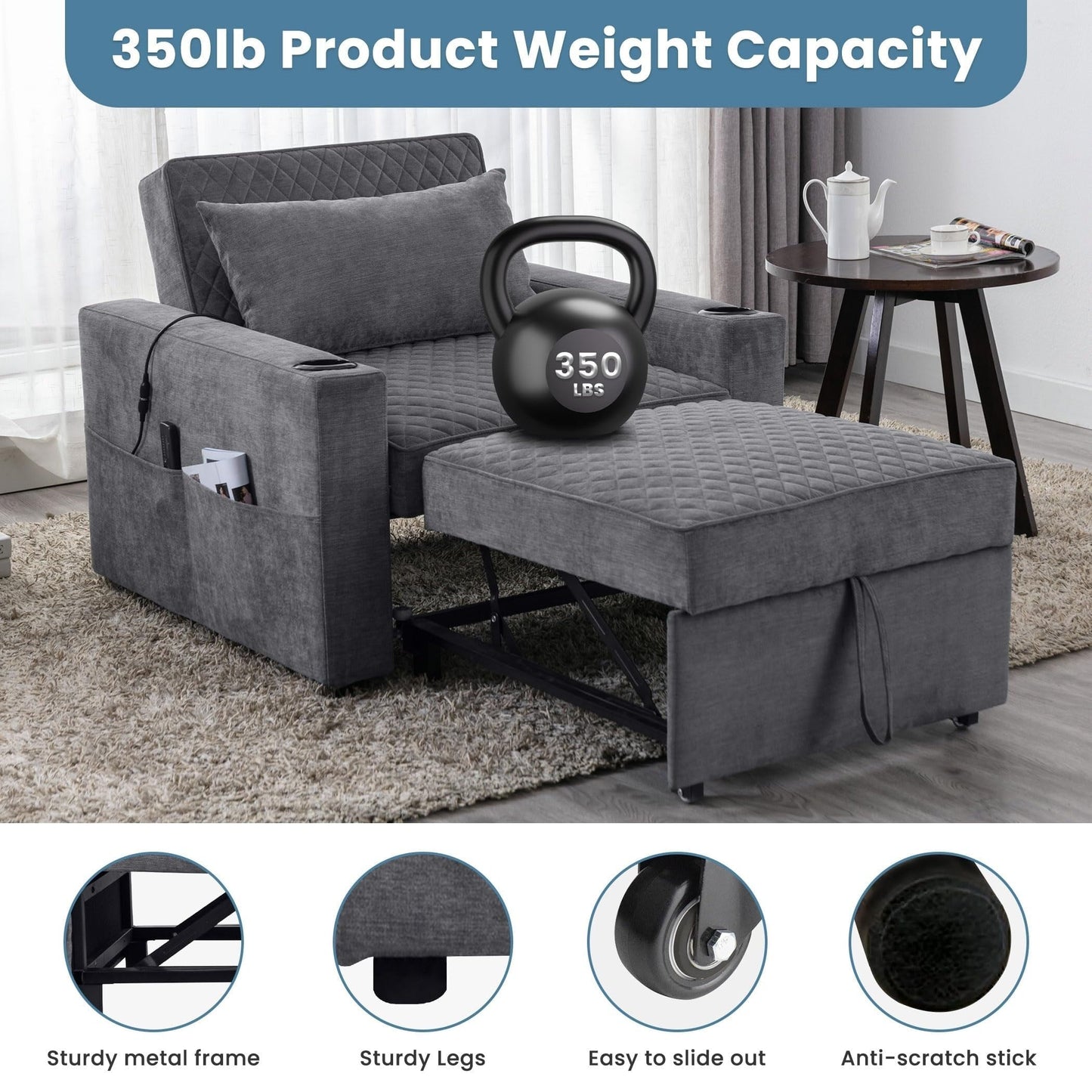 66.93Metal 2-Seater Sleeper Sofa Massage and Heat Pillow and Hidden Storage and Cup Holders