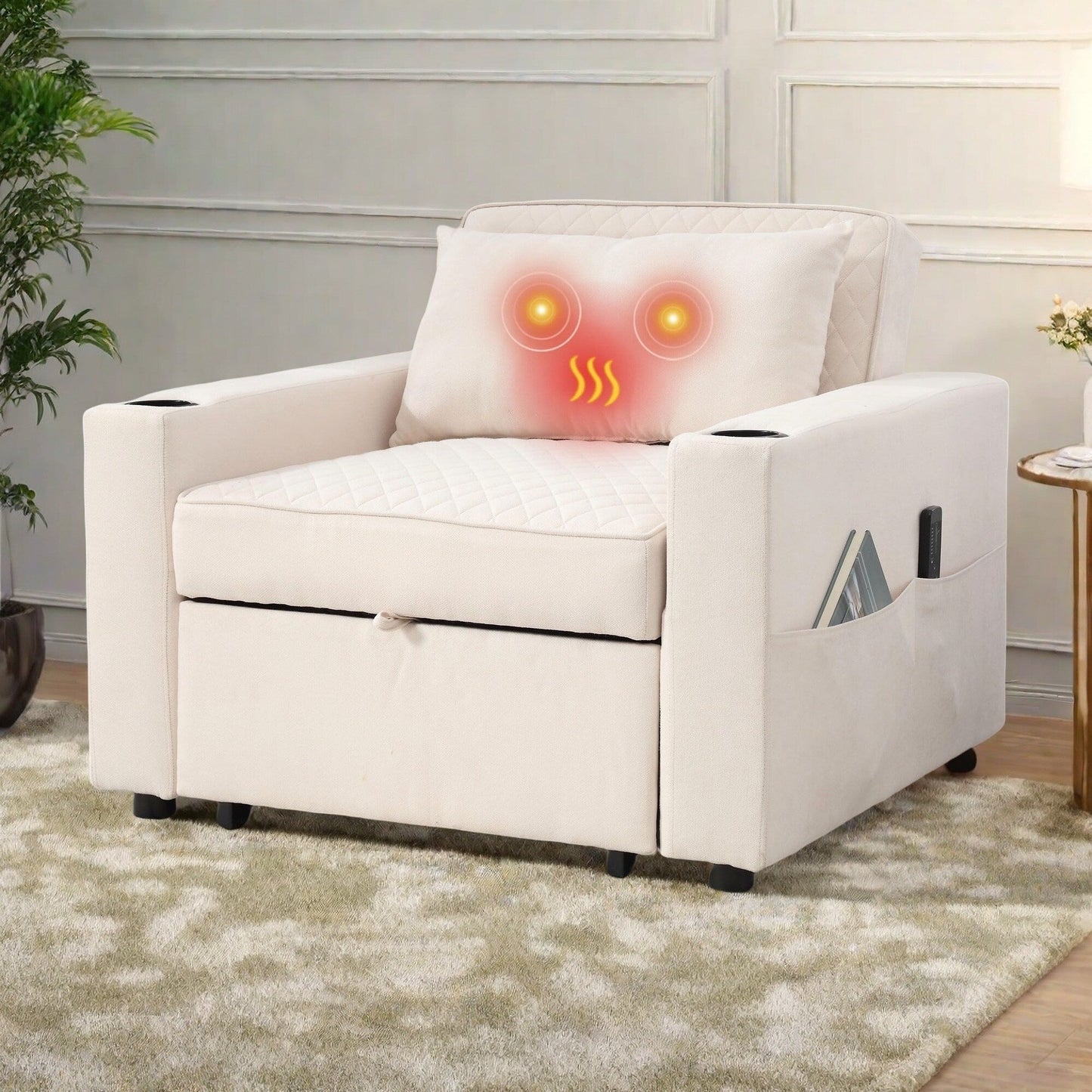66.93Metal 2-Seater Sleeper Sofa Massage and Heat Pillow and Hidden Storage and Cup Holders