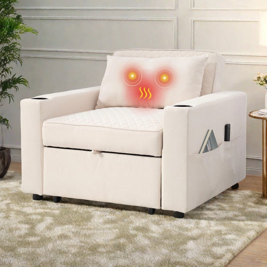 66.93Metal 2-Seater Sleeper Sofa Massage and Heat Pillow and Hidden Storage and Cup Holders