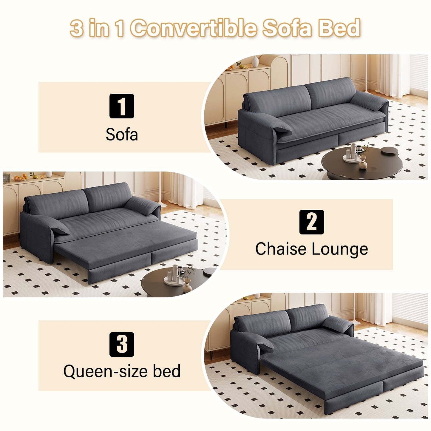 66 Queen Pull Out Sofa Bed, 3-in-1 Convertible Sleeper Sofa with Side Storage,Multi-Functional Velvet Loveseat Bed