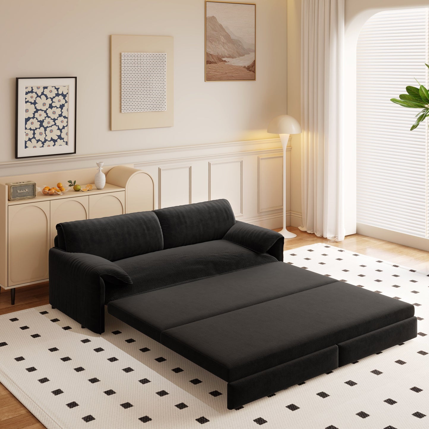 66 Queen Pull Out Sofa Bed, 3-in-1 Convertible Sleeper Sofa with Side Storage,Multi-Functional Velvet Loveseat Bed
